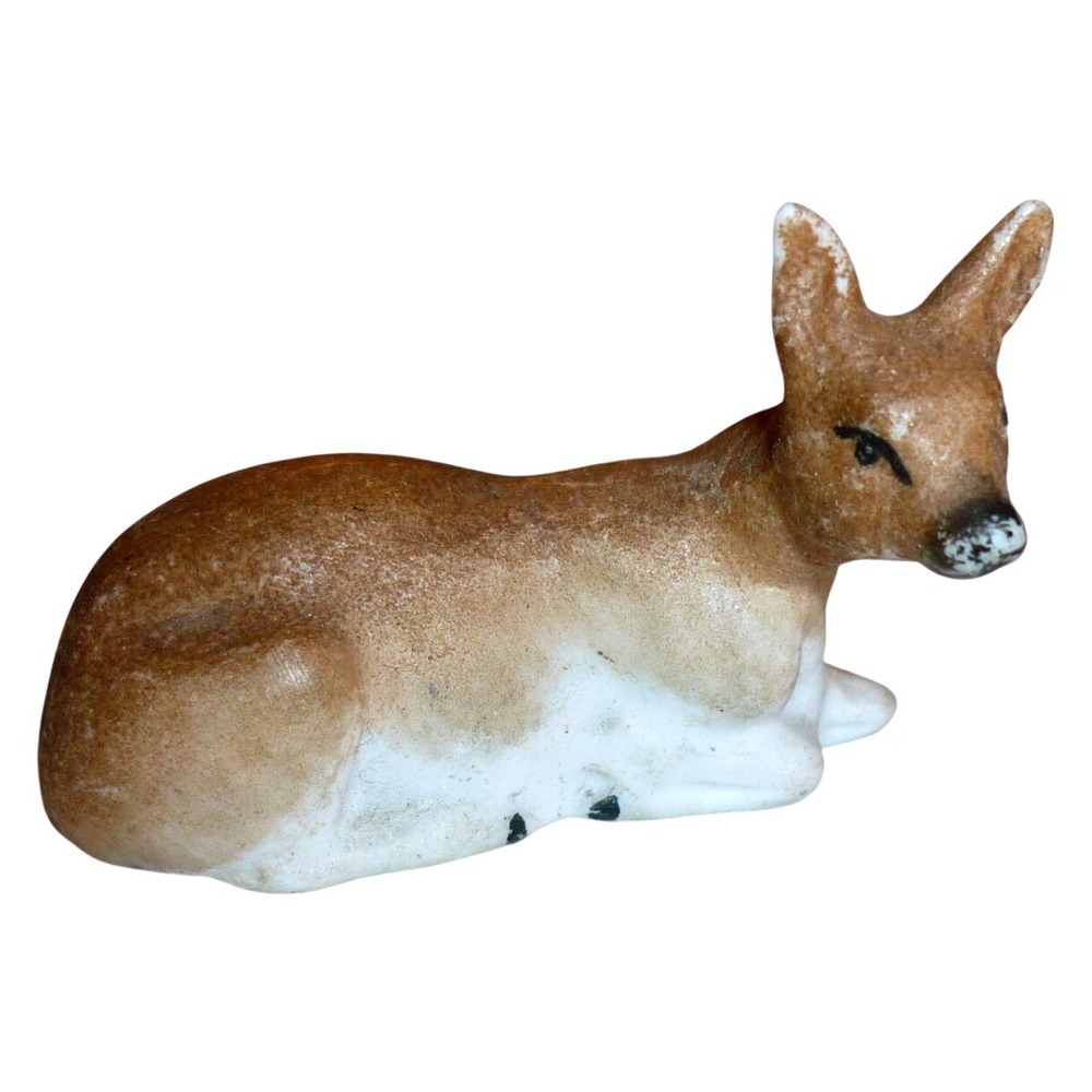 Antique German Bisque Porcelain Reclining Deer Fawn Figurine Miniature Putz 2.5"